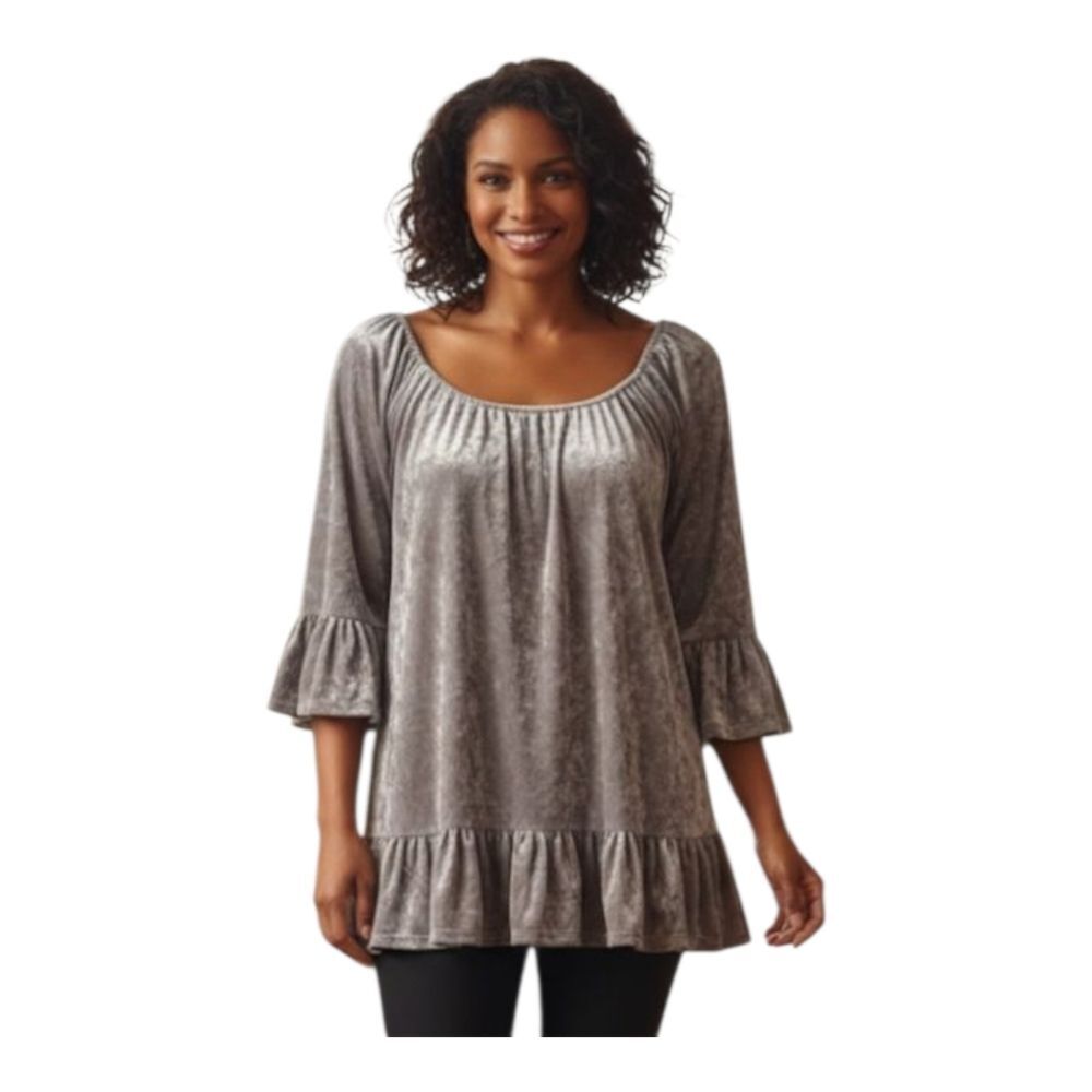 Beach Lunch Lounge Crushed Velvet Ruffle Top Bell Sleeves Scoop Neck M Holiday